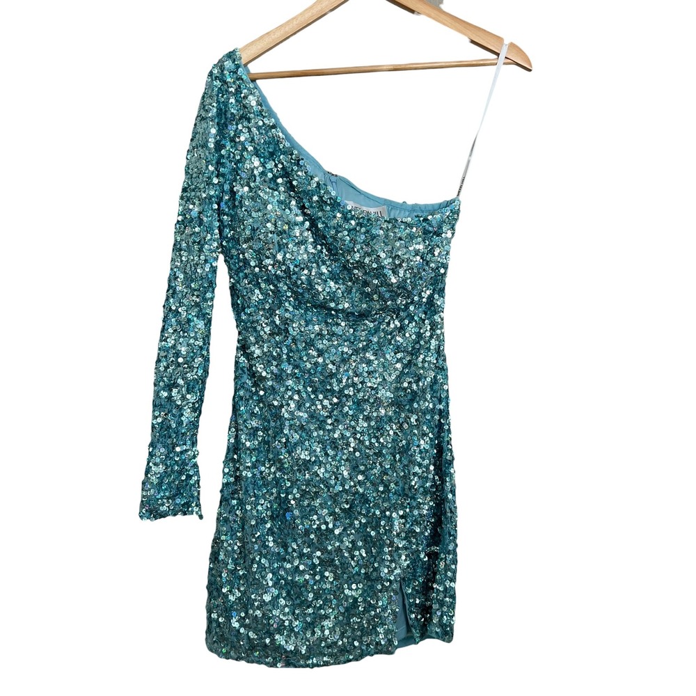Sherri Hill 54469 Light Blue Beaded Sequin One Shoulder Long Sleeve Mini Dress 6